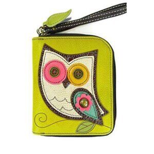 Chala Vegan Wallet Mustard Yellow With Owl Applique & Leaf Zipper Card Slots